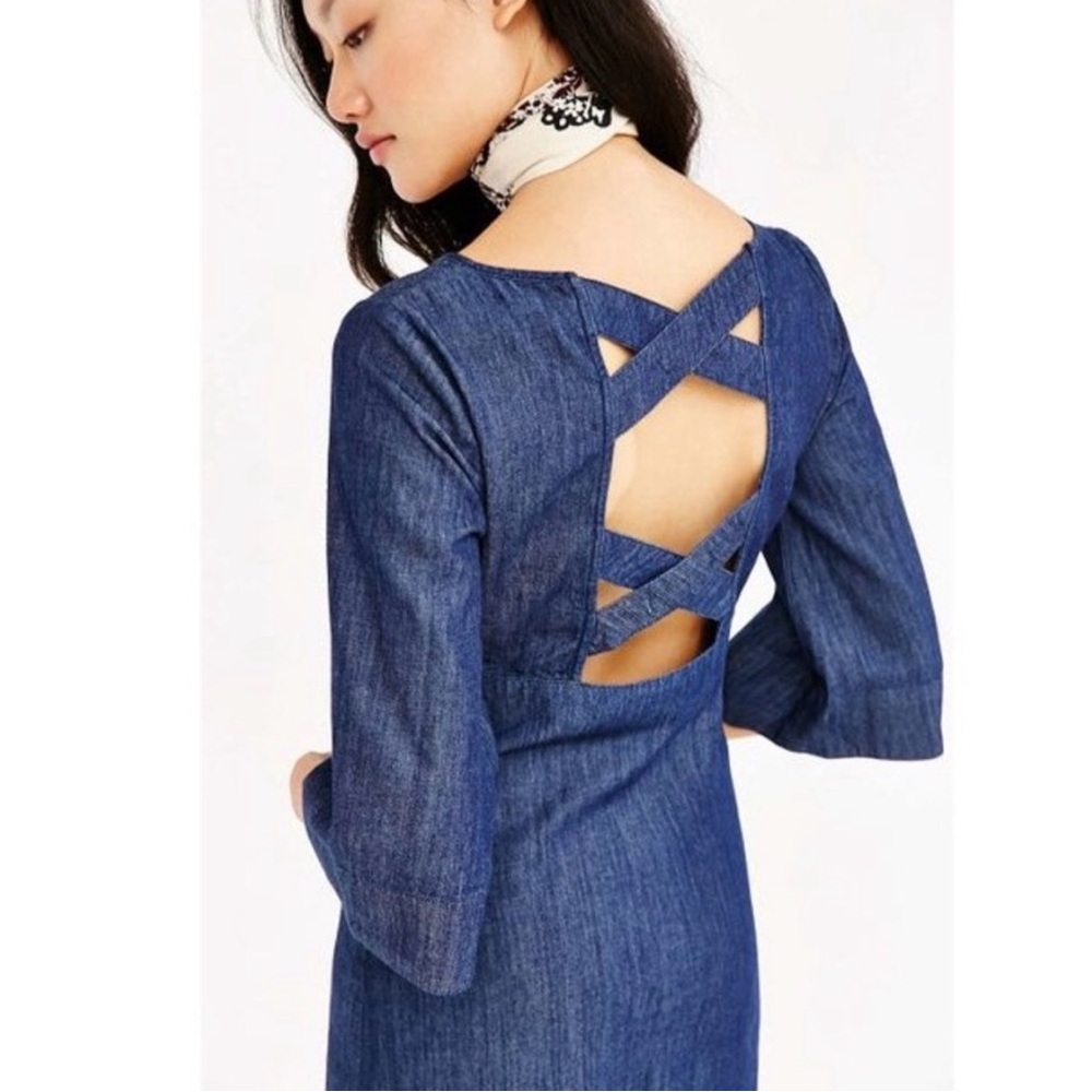 Urban Outfitters Cooperative 6 Blue Denim Bell Sleeve Back Cut Out Mini Dress